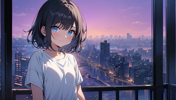 Txt2Img SDXL 12:59:56 1girl, solo, blue eyes, (detailed eyes), flat chest, short hair, black hair, ((white t-shirt)), simple t-shirt, black skirt, black socks, standing, upper body, gentle smile on her face((masterpiece, illustration, best quality)) a girl...