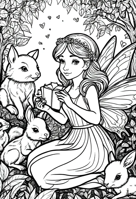 (a black and white coloring book:1.5), a mischievous fairy playing with woodland animals in a sunlit glade, clean line art, whit...