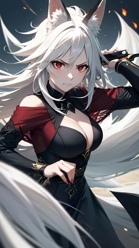 An adult woman half fox and wolf, wide breasts, red eyes, white hair, very angry, with an open little black dress, holding a sword