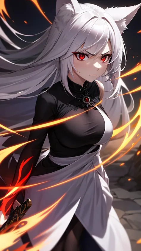 An adult woman half fox and wolf, wide breasts, red eyes, white hair, very angry, with an open little black dress, holding a sword