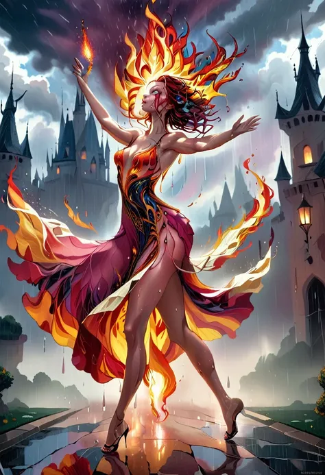 a sorceress of fire making fire dance in a the (storm of rain: 1.3), a most exquisite beautiful sorceress, controlling fire manipulating fire, a woman, dynamic hair color, dynamic hair style, (most beautiful face: 1.3), (ultra detailed face: 1.2), wet hair...