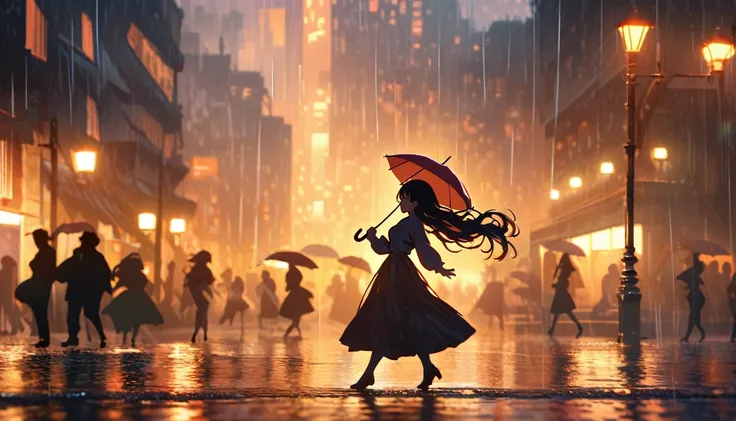 masterpiece, highly detailed, cinematic, 4k resolution, stunning, breathtaking, dramatic, Dancing in the Rain, impressionistic, woman, silhouette, cityscape, soft light, joyful, romantic, flowing hair, smiling, umbrella, streetlight, nostalgic, no blurry, ...