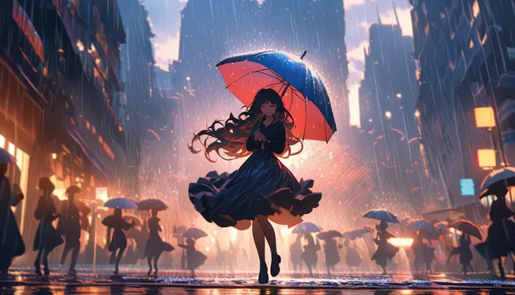 masterpiece, highly detailed, cinematic, 4k resolution, stunning, breathtaking, dramatic, Dancing in the Rain, impressionistic, woman, silhouette, cityscape, soft light, joyful, romantic, flowing hair, smiling, umbrella, streetlight, nostalgic, no blurry, ...