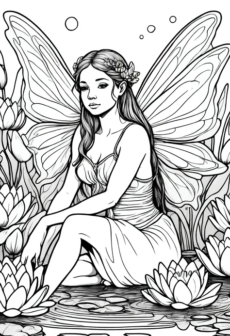 a fairy sitting on a lily pad, surrounded by blooming water lilies. clean line art, white background, colouring page, clean outl...