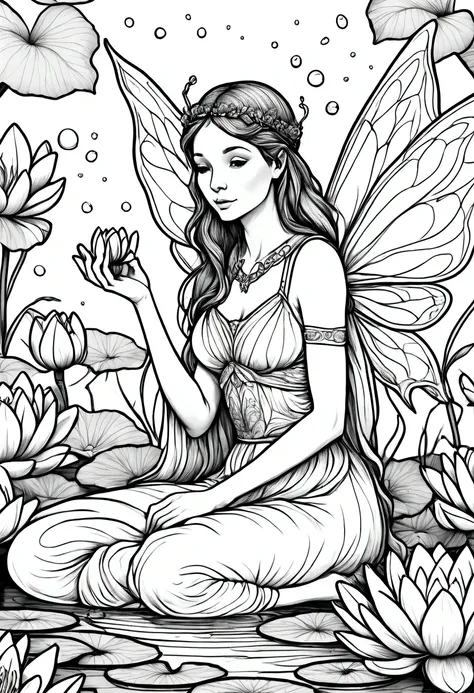 a fairy sitting on a lily pad, surrounded by blooming water lilies. clean line art, white background, colouring page, clean outl...