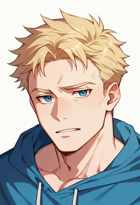 human male ,blonde hair , blue hoodie,