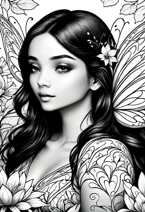 (a black and white coloring book:1.5), a fairy painting flowers with vibrant colors in an enchanted garden, clean line art, whit...