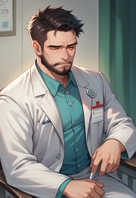 Asian guy, medium hair, beard, medical coat, doctor, tired