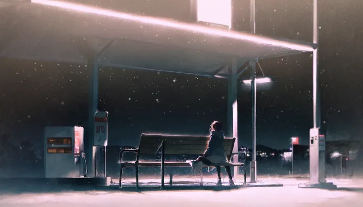 score_9, score_8_up, score_7_up, by rella, a girl sitting on a bench looking out in the night, sitting in a gas station, dark, n...