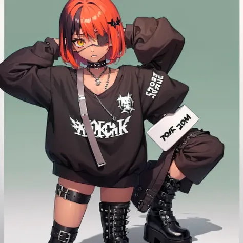 ((1girl)) ((punk style)) ((emo style)) 

she has dark tan skin,she has green eyes, her right eye has an eyepatch on it with a lo...