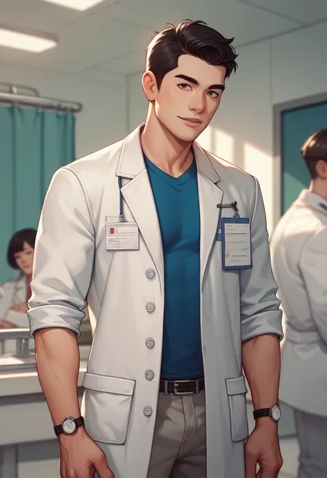 asian guy, medium hair, medical coat, doctor, more skinny man, handsome man, dark circles