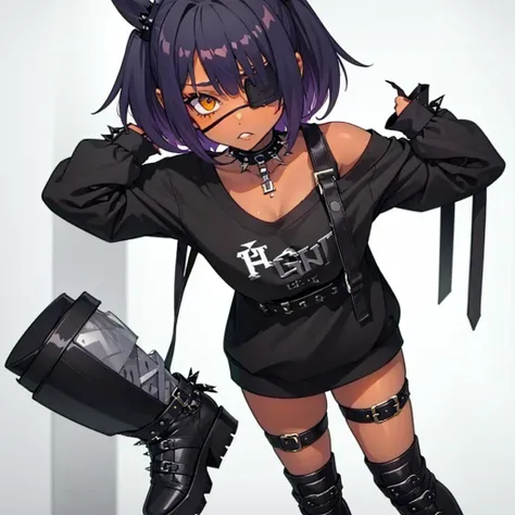 ((1girl)) ((punk style)) ((emo style)) 

she has dark tan skin,she has green eyes, her right eye has an eyepatch on it., her hai...