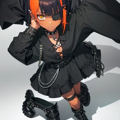 ((1girl)) ((punk style)) ((emo style)) 

she has dark tan skin,she has green eyes, her right eye has an eyepatch on it., her hai...