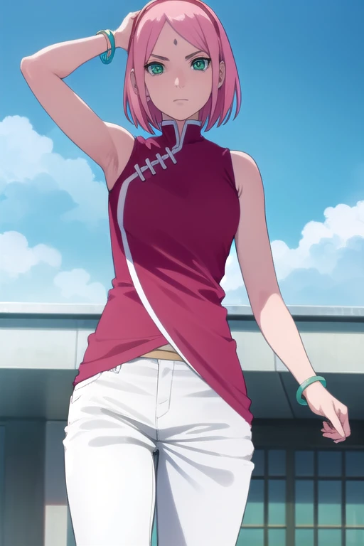 sakuraharuno, sakura uchiha, haruno sakura, short hair, (green eyes:1.5), pink hair, facial mark, forehead mark, hairband,
BREAK jewelry, sleeveless, pants, bracelet, sandals, toeless footwear, white pants, dress, red dress,
BREAK outdoors, city, sun, sky,...