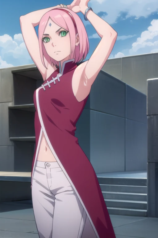 sakuraharuno, sakura uchiha, haruno sakura, short hair, (green eyes:1.5), pink hair, facial mark, forehead mark, hairband,
BREAK jewelry, sleeveless, pants, bracelet, sandals, toeless footwear, white pants, dress, red dress,
BREAK outdoors, city, sun, sky,...