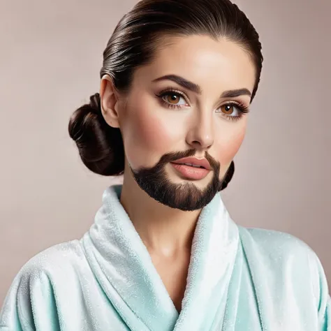 bearded lady with voluminous beard, brown eyes, wet brown hair slicked back, big nose, in dressing gown