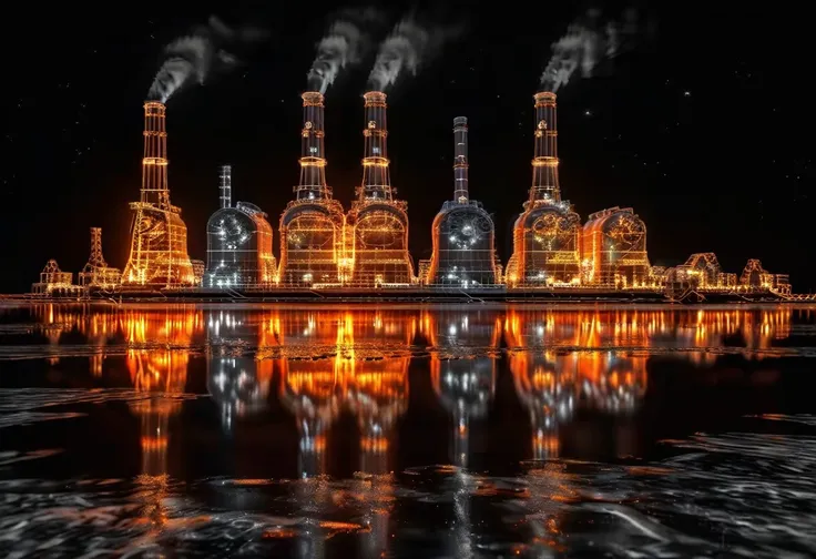 Wireframe hologram of thermal power plant,
Thermal power plants do not emit light,rendered in the style of a 3D rendering with a black background,
Professionally shot with professional lighting and color grading，To present surrealism,
Orange and white,(The...