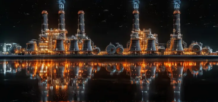 Wireframe hologram of thermal power plant,
Thermal power plants do not emit light,rendered in the style of a 3D rendering with a black background,
Professionally shot with professional lighting and color grading，To present surrealism,
Orange and white,(The...