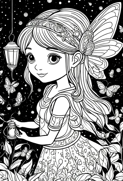 (a black and white coloring book:1.5), a fairy lighting up the night with a lantern made of fireflies, clean line art, white bac...