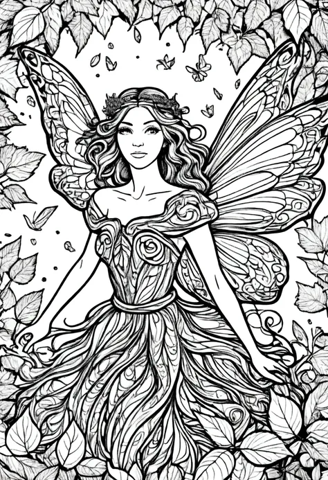 (a black and white coloring book:1.5), a fairy with wings made of autumn leaves, flying through a forest, white background, colo...