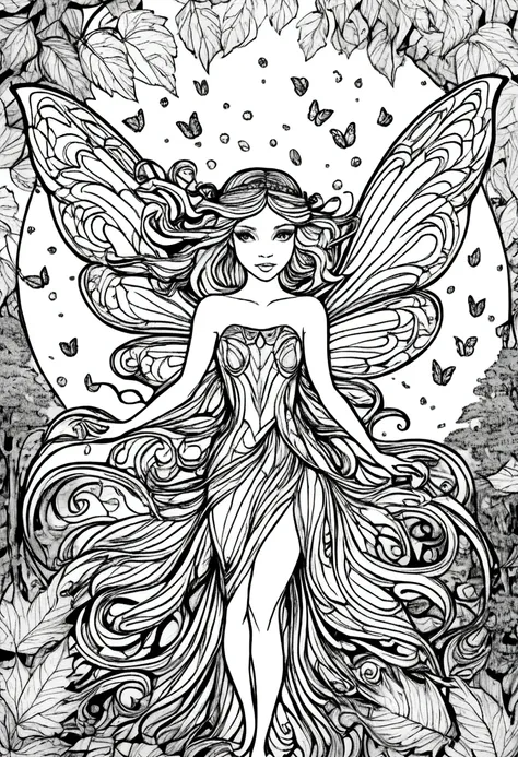 (a black and white coloring book:1.5), a fairy with wings made of autumn leaves, flying through a forest, white background, colo...