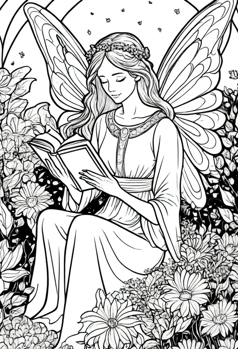 (a black and white coloring book:1.5), a fairy reading a book in a cozy nook surrounded by flowers, clean line art, white backgr...