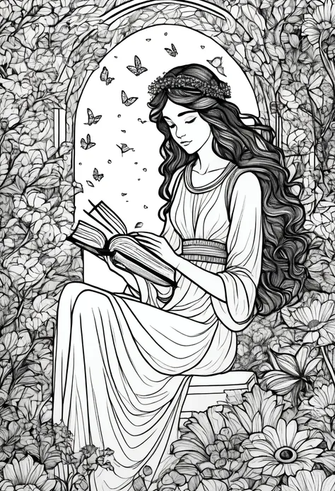 (a black and white coloring book:1.5), a fairy reading a book in a cozy nook surrounded by flowers, clean line art, white backgr...