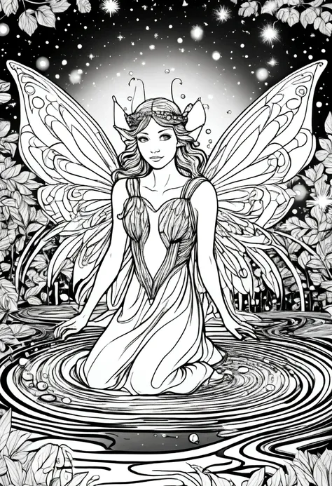 (a black and white coloring book:1.5), a fairy with crystal wings hovering over a sparkling stream, clean line art, white backgr...