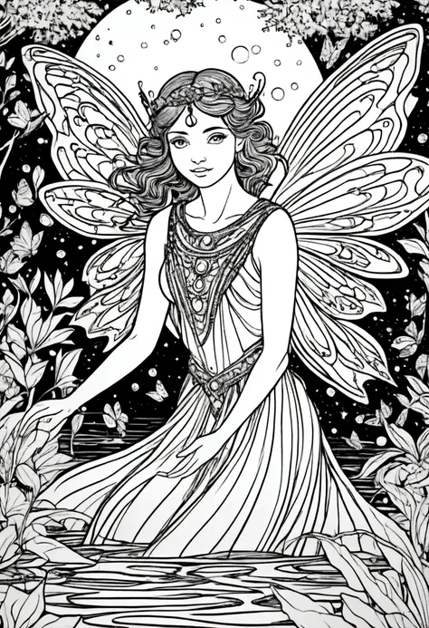 (a black and white coloring book:1.5), a fairy with crystal wings hovering over a sparkling stream, clean line art, white backgr...