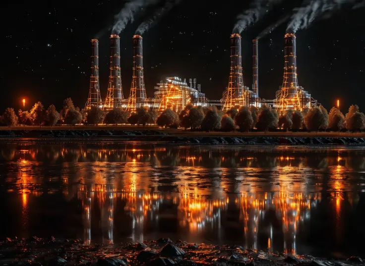 wireframe hologram of thermal power plant,
thermal power plants do not emit light,rendered in the style of a 3d rendering with a...