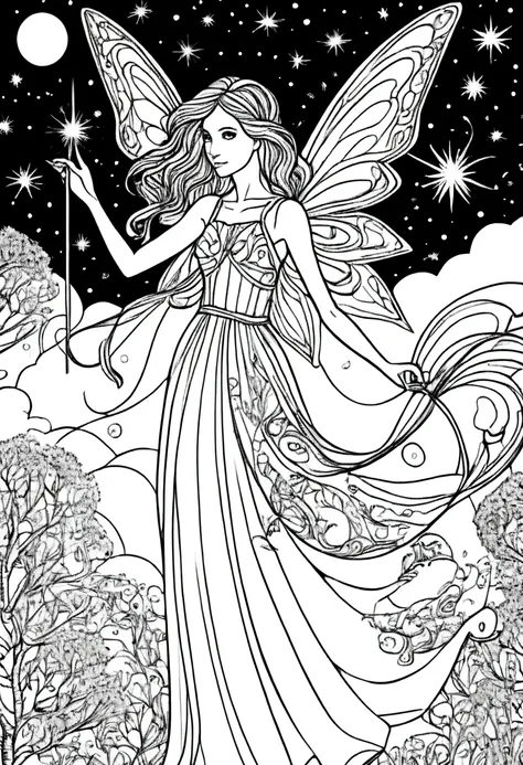 (a black and white coloring book:1.5), a fairy creating magical patterns in the night sky with her wand, clean line art, white b...