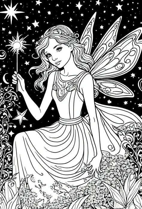 (a black and white coloring book:1.5), a fairy creating magical patterns in the night sky with her wand, clean line art, white b...