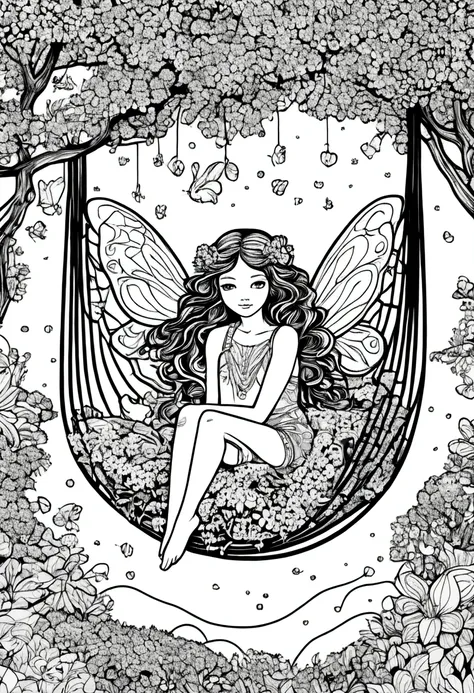 (a black and white coloring book:1.5), a fairy resting in a flower hammock strung between two trees, clean line art, white backg...