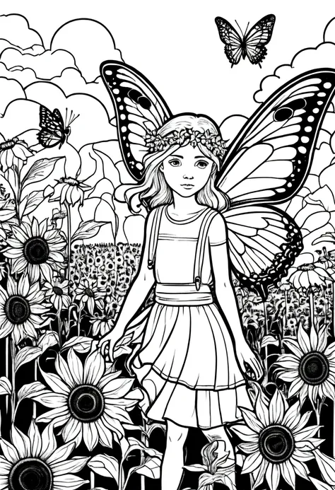 (a black and white coloring book:1.5), a fairy playing hide and seek with a butterfly in a field of sunflowers, white background...