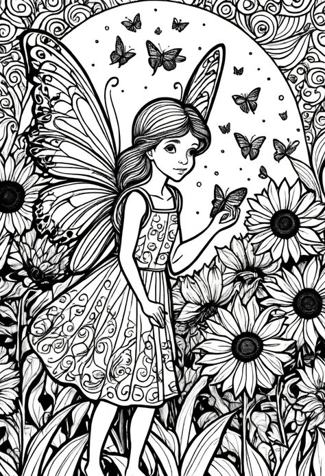 (a black and white coloring book:1.5), a fairy playing hide and seek with a butterfly in a field of sunflowers, white background...