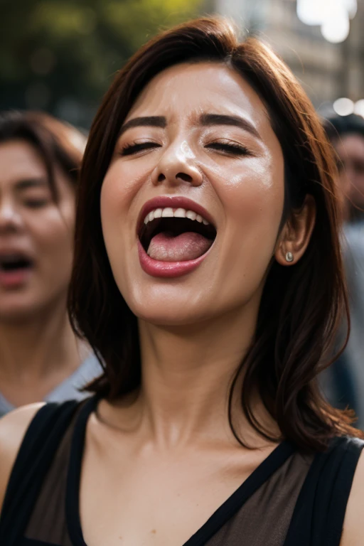 pieces fly,award-winning photo, very detailed, edge orgasm, woman with open mouth and closed eyes , sweaty skin、lighting that hi...