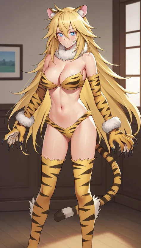 score_9, score_8_up, score_7_up, score_6_up, BREAK, AlmaMSAXL, blue eyes, blonde hair, long hair, hair between eyes, tiger ears, tiger tail, large breasts, fur, fur collar, tiger print, bare shoulders, cleavage, yellow bra, yellow elbow gloves, fur bracele...