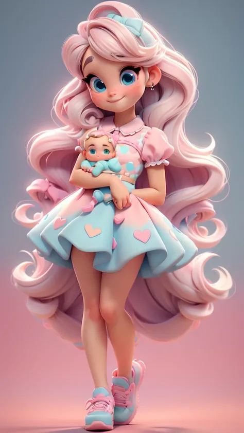 3d illustration, pixar style, cute chibi, baby girl ariana grande blonde hair, blue eyes, pink bow in hair, dress aqua ciano with white dots, bright eyes, candy colors, pastel colors, smiling, glitter, light pink shoes, exuberant
