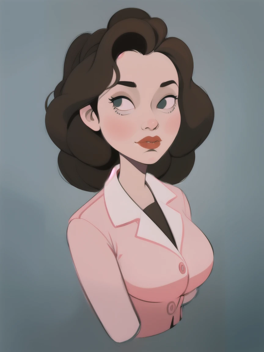 (detailed finished artwork, sticker), Kat Dennings face,  Annie Hughes, random hair length, elegant 50s hairstyle, 1950s unbuttoned open pink waitress uniform with naked breasts out, shes unbuttoned her uniform and is displaying her naked breasts in a lewd...