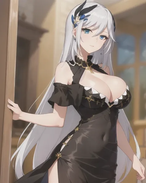 ((Masterpiece, Best Quality, high detailed:1.2)), 8k hd, 1 girl, slender, hi3 cecilia, Hi3 Cecilia Dress, side slit, looking at the viewer, cowboy shot, Chapped lips, black dress, hair ornament, Alone, big breasts, bare shoulders