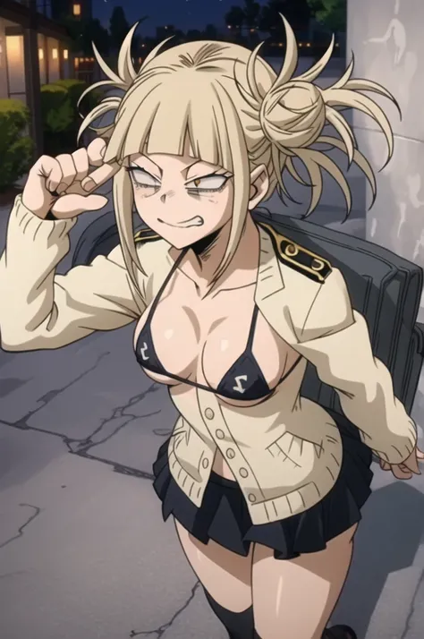 masterpiece, best quality, (1girl), himiko_toga, my hero academia(series), micro skirt, micro bikini, detached collar, outdoor, night street, shiny skin, from above, thigh thighs, embarrassed face