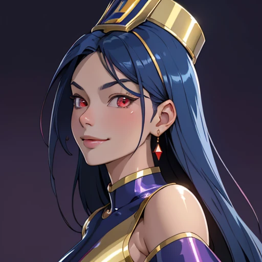 (masterpiece), (best quality),(portrait),(bust up),1girl,solo,(sharp focus),(look at viewer),selfie,smile,dark blue hair,long hair,pink red eyes,blue and gold clothes,(ancient girl:1), ancient luxurious long clothes,old school fantasy art,((simple backgrou...