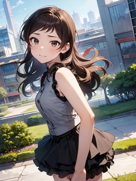 ((masterpiece) (((((Highest quality))))((high resolution))))), Very detailed, Ultra-realistic, 、Brown Hair)、、、City、building、、(、Embarrassed face、、Ass 、Face looking back、From below、((Low - Angle))、、garden、Sleeveless、Cowboy Shot、bluepanties、Black Skirt