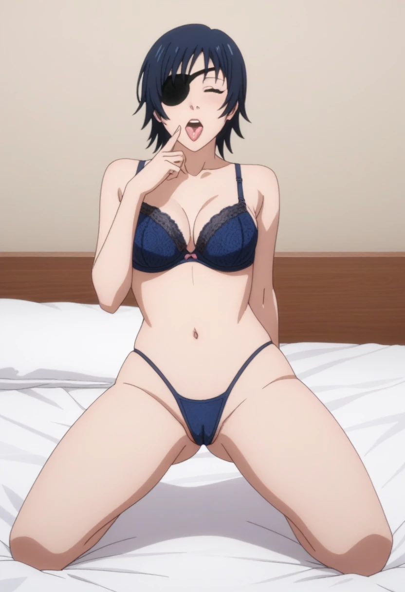 score_9_up, score_8_up, score_7_up, 1girl, solo, mature female, Himeo, black short hair, black eyes, right eye closed with eyepatch, pink lips, parted lips, fit slim body, perfect medium erected breast, ((( dark blue bra, dark blue tight thong, cameltoe)))...