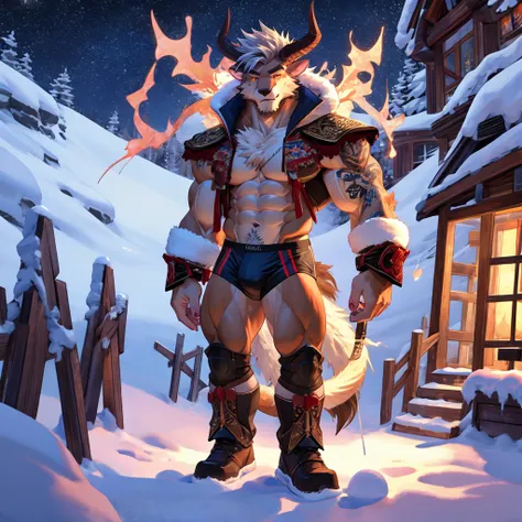 (masterpiece, best quality:1.2),final fantasy behemoth teen boy, winter, body covered in light brown fur, furry style, muscle fl...