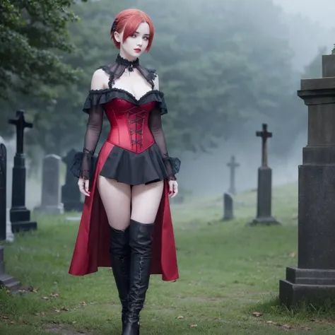 Beautiful 20 year old woman with short messy red hair wearing a red and black corset and black cloak, standing in a cemetery at night with a little fog holding a candle, red lipstick, cross neckless, looking at camera, Gothic style, photo realistic, 8k