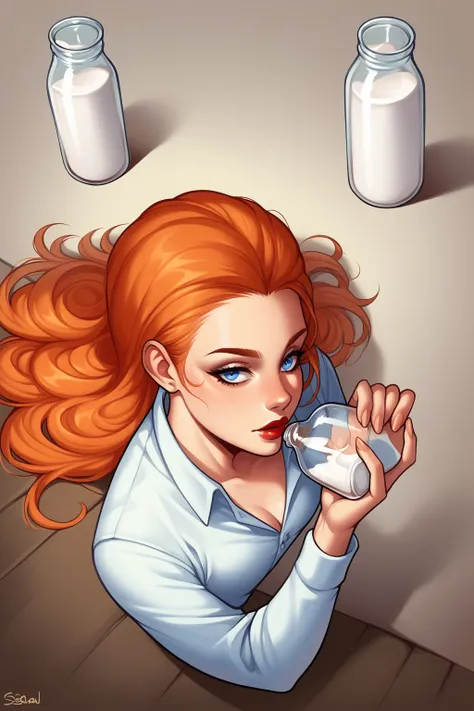 score_9, score_8_above, 1 girl, alone, nsmeiportia, wide, blue eyes, parts, lipstick, orange hair, chandal, trespass, milk bottl...