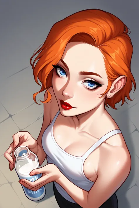 score_9, score_8_above, 1 girl, alone, nsmeiportia, wide, blue eyes, parts, lipstick, orange hair, chandal, trespass, milk bottl...