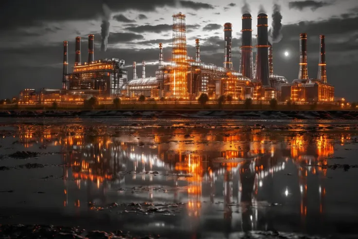 Wireframe hologram of thermal power plant,
Thermal power plants do not emit light,rendered in the style of a 3D rendering with a black background,
Professionally shot with professional lighting and color grading，To present surrealism,
Orange and white,(The...