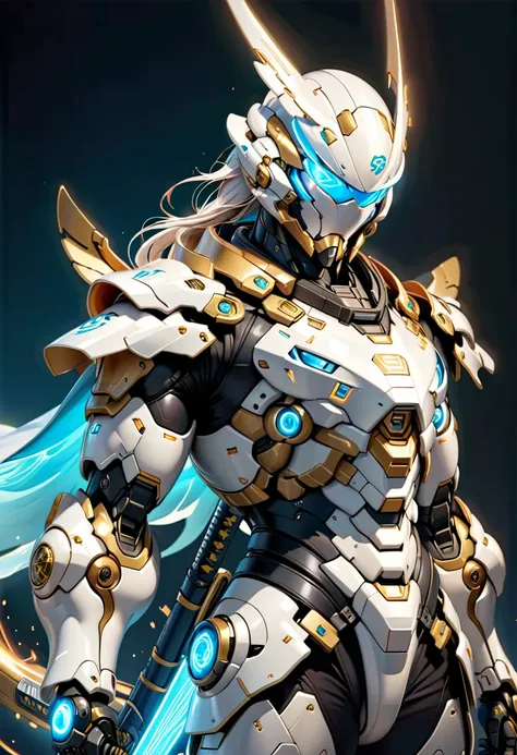 Mecha Samurai,photorealistic,Man with short white hair, white skin, Wearing blue glowing sci-fi glasses, defined and athletic body, white science fiction costume clothes with golden details, look forward, confident,